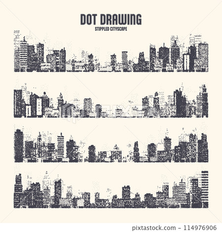 Stippled city silhouettes. Cityscape, town skyline. Midtown, downtown with buildings, houses and skyscrapers. Stippling, dot drawing and shading, stipple pattern, halftone effect. Vector illustration 114976906