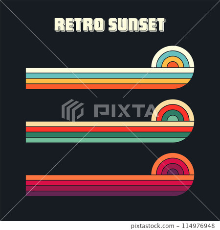 Vintage sunset collection. Various colorful striped sunrise badges in 80s and 90s style. Sun and ocean view, summer vibes, surfing. Design element for print, logo or t-shirt. Vector illustration 114976948