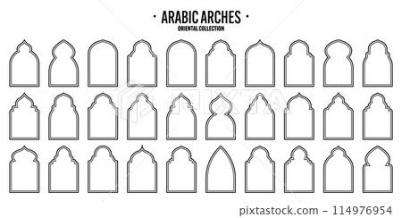 Islamic frames, oriental style objects. Arabic shapes, windows and arches. Traditional ornamental banner, frame. Muslim holidays, Ramadan Kareem. Modern eastern architecture. Vector illustration Islamic frames, oriental style objects. Arabic shapes, windows and arches. Traditional ornamental banner, frame. Muslim holidays, Ramadan Kareem. Modern eastern architecture. Vector illustration 114976954