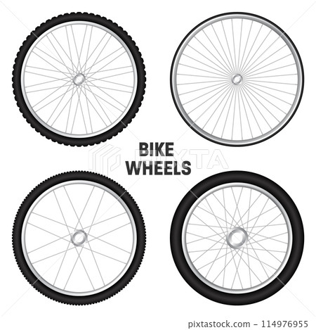 Realistic 3d bicycle wheels. Bike rubber tyres, shiny metal spokes and rims. Fitness cycle, touring, sport, road and mountain bike. Vector illustration Realistic 3d bicycle wheels. Bike rubber tyres, shiny metal spokes and rims. Fitness cycle, touring, sport, road and mountain bike. Vector illustration 114976955