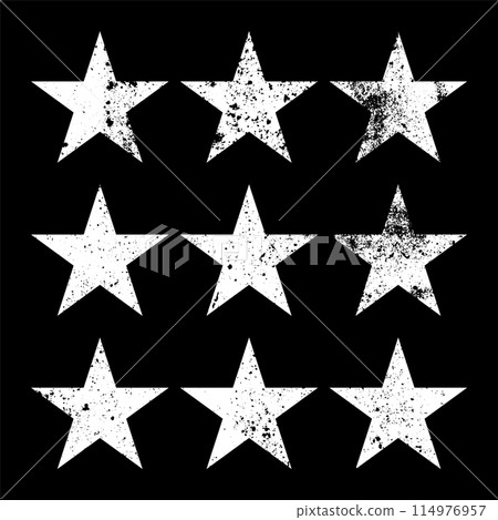 Vintage stars with cracks and stains. Old hand-drawn sign, white simple shape. Retro design element with distressed effect, grunge texture. Vector illustration Vintage stars with cracks and stains. Old hand-drawn sign, white simple shape. Retro design element with distressed effect, grunge texture. Vector illustration 114976957