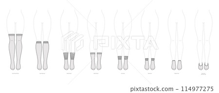 Set of socks length - low cut, high low ankle, crew, mid calf, knee high, over knee, thigh high. Fashion accessory  114977275