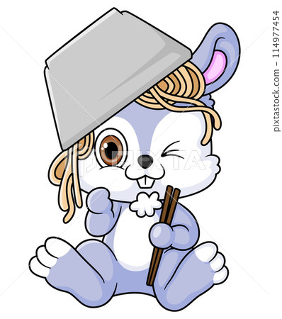 Cute rabbit Eating noodle Bowl With Chopstick of illustration Cute rabbit Eating noodle Bowl With Chopstick of illustration 114977454
