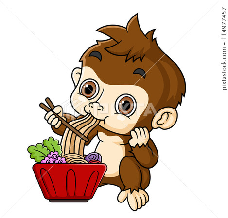 cute monkey eating noodle with chopstick of illustration cute monkey eating noodle with chopstick of illustration 114977457