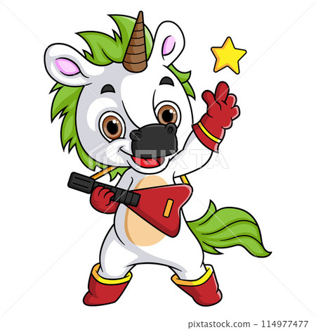 Cute cartoon unicorn playing guitar of illustration Cute cartoon unicorn playing guitar of illustration 114977477
