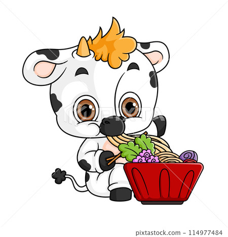 Cute cow Eating noodle Bowl With Chopstick of illustration Cute cow Eating noodle Bowl With Chopstick of illustration 114977484