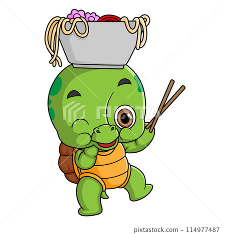 Cute turtle Eating noodle Bowl With Chopstick of illustration Cute turtle Eating noodle Bowl With Chopstick of illustration 114977487