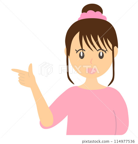 一個女人指著一點並微笑著解釋的向量圖 一個女人指著一點並微笑著解釋的向量圖 114977536