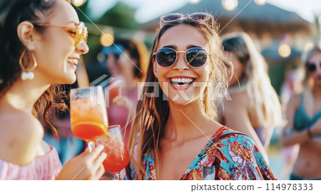 Girls drinking cocktails on the beach 114978333