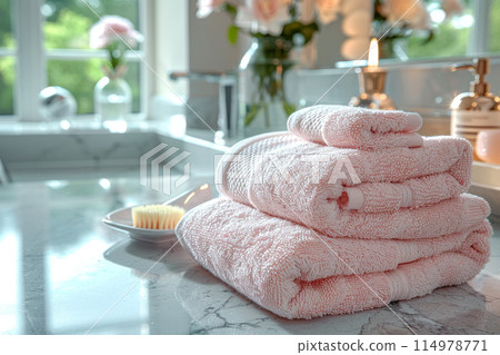 Ultimate relaxation! Beautifully folded towels, bathroom house interior blurred background. 114978771