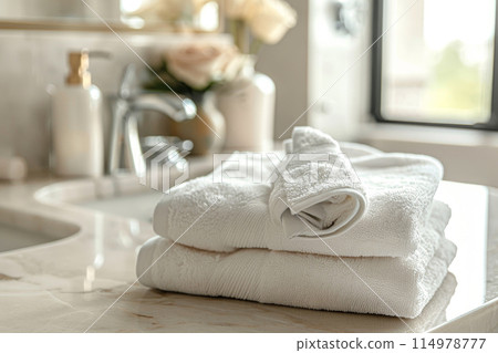 Ultimate relaxation! Beautifully folded towels, bathroom house interior blurred background. 114978777