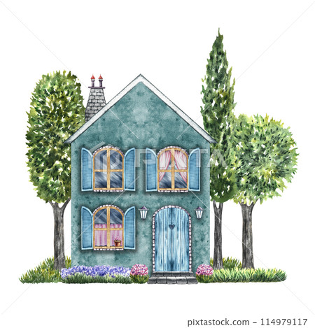 An European house with a courtyard and garden. Fabulous, cute, blue two-storey house in vintage style. The watercolor illustration is made by hand. Isolate it. For prints, children's games, postcards. 114979117
