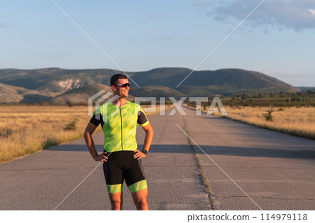 Triathlete resting after exhausting training for the upcoming marathon. 114979118