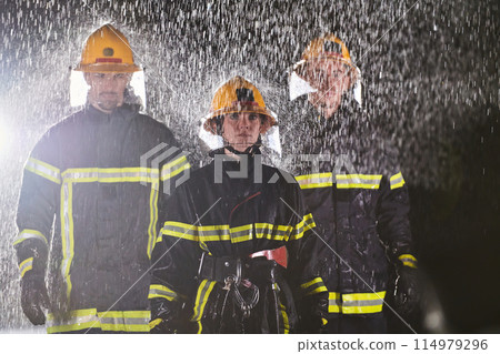 A group of professional firefighters marching through the rainy night on a rescue mission, their determined strides and fearless expressions reflecting their unwavering bravery and unwavering 114979296