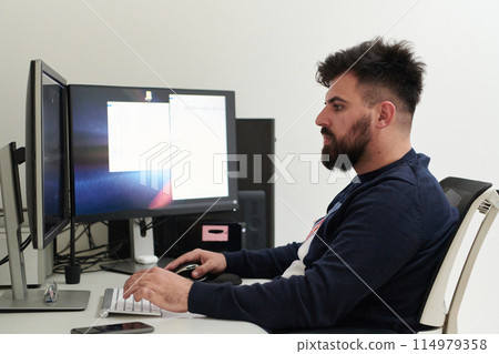 professional video editor enhancing digital footage using specialized software 114979358