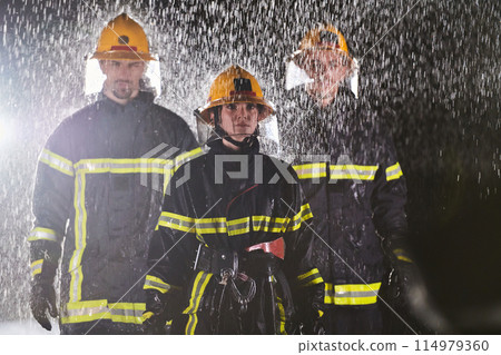 A group of professional firefighters marching through the rainy night on a rescue mission, their determined strides and fearless expressions reflecting their unwavering bravery and unwavering 114979360
