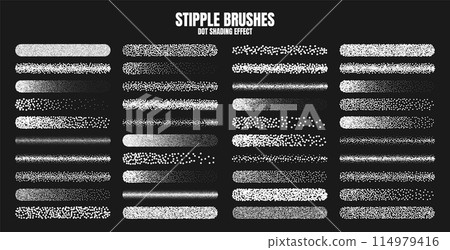 Stipple scatter brush, ink drawing and texturing. Fading gradient. Stippling, dotwork drawing, shading using dots. Halftone disintegration effect. White noise grainy texture. Vector illustration 114979416