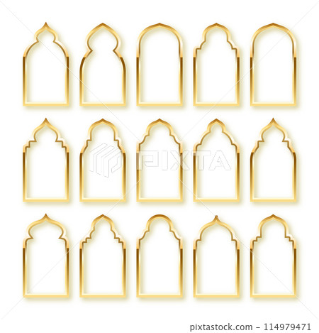Islamic frames, oriental style. Golden arabic shapes, windows and arches. Traditional ornamental banner, frame. Muslim holidays, Ramadan Kareem. Modern eastern architecture. Vector illustration Islamic frames, oriental style. Golden arabic shapes, windows and arches. Traditional ornamental banner, frame. Muslim holidays, Ramadan Kareem. Modern eastern architecture. Vector illustration 114979471