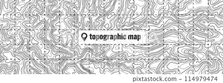 Topographic map with contour lines. Geographic terrain grid, relief height elevation. Ground path pattern. Travel and navigation, cartography design element. Vector illustration Topographic map with contour lines. Geographic terrain grid, relief height elevation. Ground path pattern. Travel and navigation, cartography design element. Vector illustration 114979474