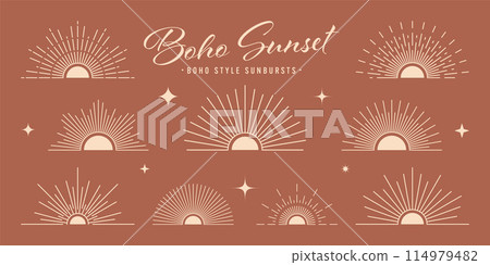 Vintage sunburst, sunset beams, half circle sunrise. Boho style, modern minimalist bohemian design. Hand drawn bursting sun, light rays. Lettering design element in retro style. Vector illustration Vintage sunburst, sunset beams, half circle sunrise. Boho style, modern minimalist bohemian design. Hand drawn bursting sun, light rays. Lettering design element in retro style. Vector illustration 114979482