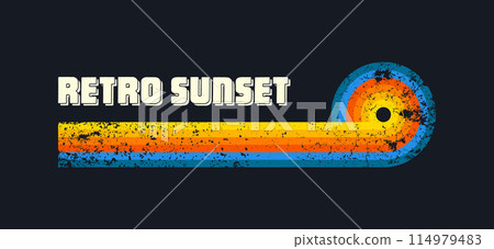 Grunge horizontal vintage sunsets. Various colorful striped sunrise badges in 80s and 90s style. Sun and ocean view, summer vibes, surfing. Design element, print, logo or t-shirt. Vector illustration Grunge horizontal vintage sunsets. Various colorful striped sunrise badges in 80s and 90s style. Sun and ocean view, summer vibes, surfing. Design element, print, logo or t-shirt. Vector illustration 114979483