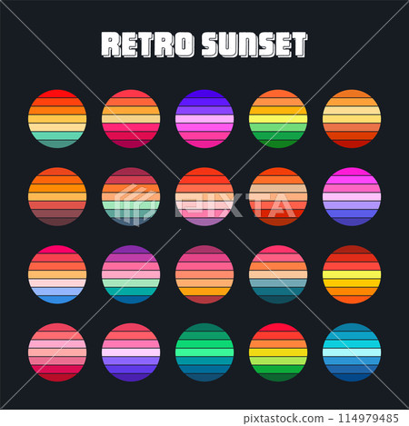 Vintage sunset collection. Colorful striped sunrise badges in 80s and 90s style. Sun and ocean view, summer vibes, surfing. Design element for print, logo or t-shirt. Vector illustration Vintage sunset collection. Colorful striped sunrise badges in 80s and 90s style. Sun and ocean view, summer vibes, surfing. Design element for print, logo or t-shirt. Vector illustration 114979485
