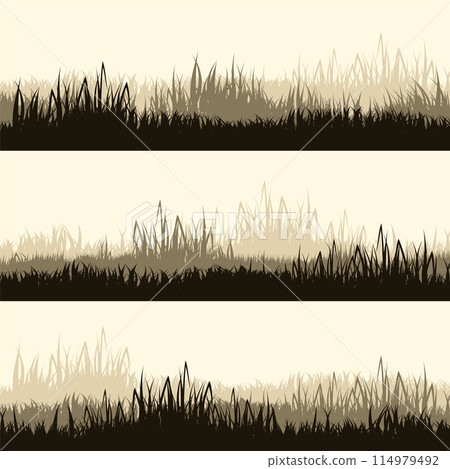 Meadow silhouettes with grass, plants on plain. Panoramic summer lawn landscape with herbs, various weeds. Herbal border, frame. Nature background. Brown horizontal banner. Vector illustration 114979492
