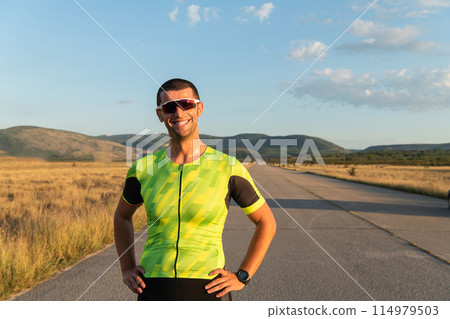 Triathlete resting after exhausting training for the upcoming marathon. 114979503