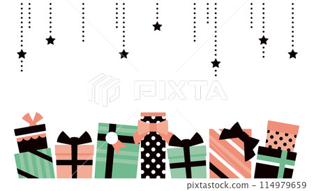 Retro modern illustration of lots of gift boxes and star ornaments Retro modern illustration of lots of gift boxes and star ornaments 114979659
