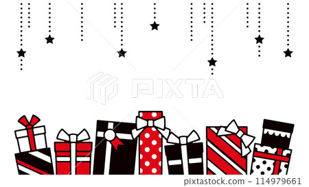 Illustration of lots of Christmas presents and star ornaments Illustration of lots of Christmas presents and star ornaments 114979661