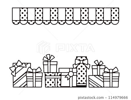 許多禮物和遮陽篷的線條畫插圖 114979666