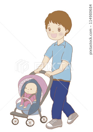 嬰兒和父親推著嬰兒車散步 嬰兒和父親推著嬰兒車散步 114980684