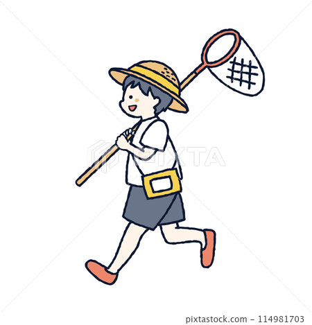 一個孩子帶著防蟲網奔跑的插圖 114981703