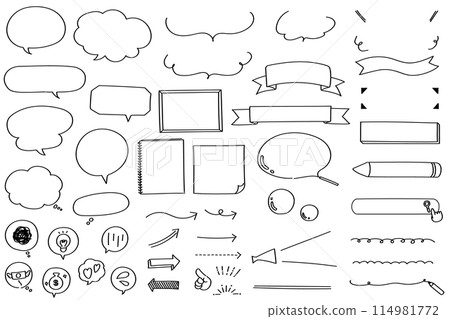 Hand-drawn line drawing speech bubble & frame illustration set 114981772