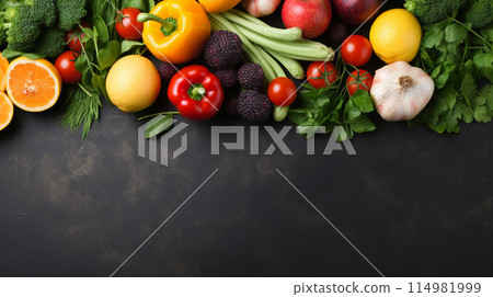 A variety of fresh ripe fruit and vegetables. Food concept background. Top view. Copy space.Generate AI 114981999