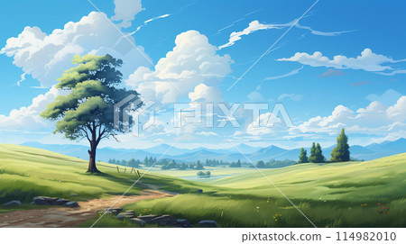 Blue sky and cloud with meadow tree. Plain landscape background for summer poster. Generate AI 114982010