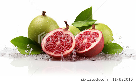 Guava fresh ripe guava , splash juice , white background , Generate AI 114982019