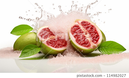 Guava fresh ripe guava , splash juice , white background , Generate AI 114982027