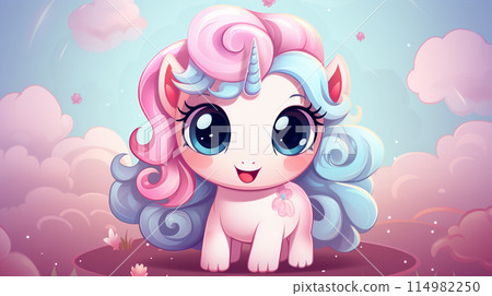 Cartoon couple love unicorns colorful background , Generate AI 114982250