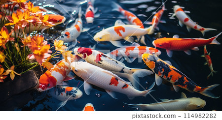 High angle view of koi carp swimming in aquarium,Romania photo top view koi fishes,  Generate AI 114982282