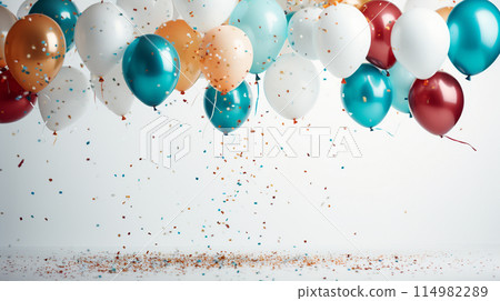 Holiday balloons and confetti flying on white background , Generate AI 114982289