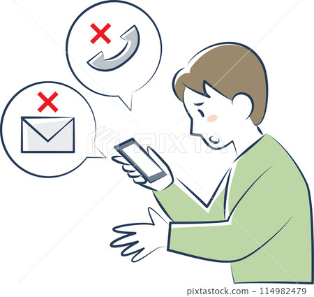 The upper body of a man having trouble using his smartphone 114982479