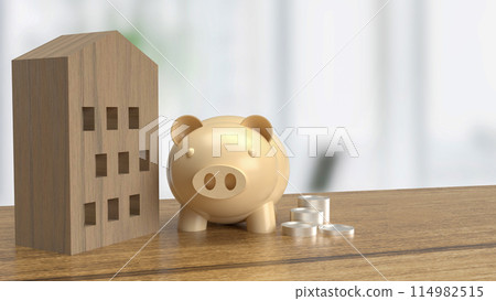 The piggy bank and wood house for property or saving concept 3d rendering. The piggy bank and wood house for property or saving concept 3d rendering. 114982515
