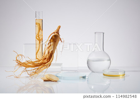Ginseng product advertising photo with experiment tools decoration on white background from front view, a glass platform placed in center with lab items filled by liquid extracted from ginseng around Ginseng product advertising photo with experiment tools decoration on white background from front view, a glass platform placed in center with lab items filled by liquid extracted from ginseng around 114982548