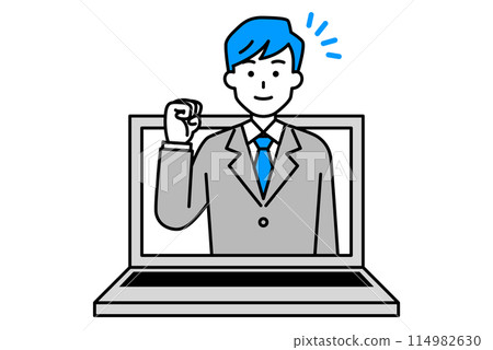 A man in a suit jumps out of a laptop screen 114982630