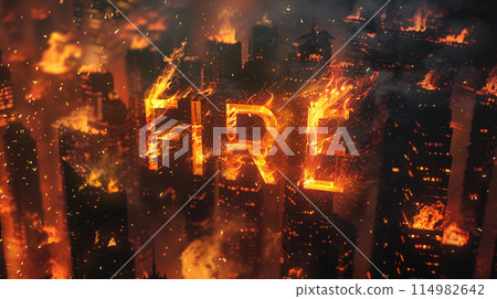 一座燃燒的城市和由火焰組成的“FIRE”字母 114982642