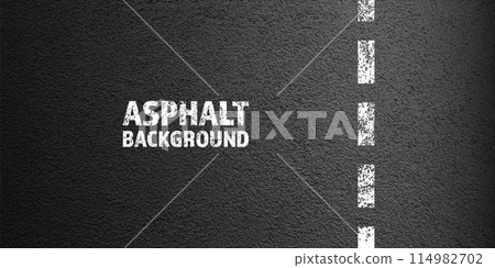 Asphalt road with white cracked lane marking, concrete highway surface, texture. Street traffic line, road dividing strip. Pattern with grainy structure, grunge stone background. Vector illustration Asphalt road with white cracked lane marking, concrete highway surface, texture. Street traffic line, road dividing strip. Pattern with grainy structure, grunge stone background. Vector illustration 114982702