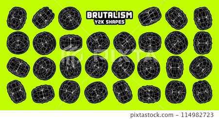 Wireframe lined shapes. Perspective mesh, 3d grid. Modern trendy low poly geometric elements. Retro futuristic design elements, y2k, vaporwave and synthwave style. Vector illustration 114982723