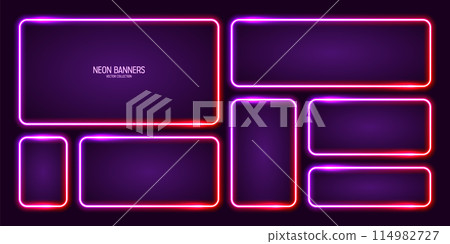 Glowing neon banners, illuminated colorful square frames. Shiny vibrant border, glow effect. Purple vintage retro lights, night illumination. Modern futuristic UI design elements. Vector illustration 114982727