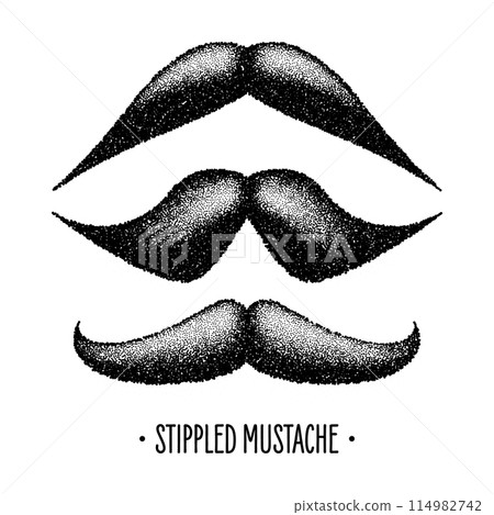 Stippled vintage mustache. Curly facial hair. Hipster beard. Stippling, dot drawing and shading, stipple pattern, halftone effect. Vector illustration Stippled vintage mustache. Curly facial hair. Hipster beard. Stippling, dot drawing and shading, stipple pattern, halftone effect. Vector illustration 114982742